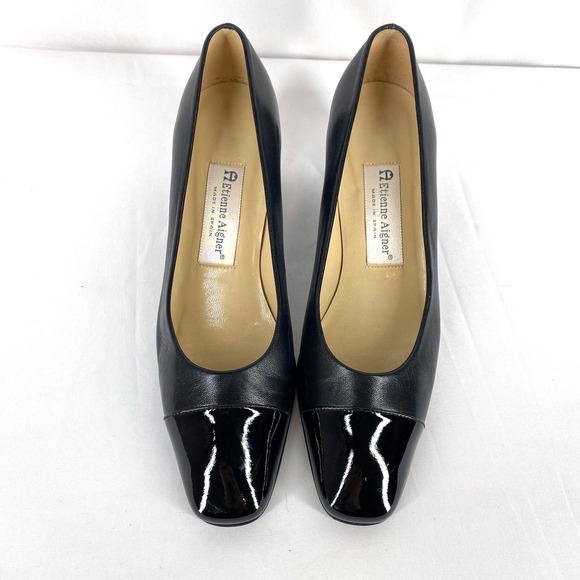 Etienne Aigner Strada Pumps Black Leather Patent Cap Toe Slip On Heels 7.5 - Picture 3 of 7
